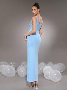 Modphy Sexy ärmelloses, stark verziertes Strass-Plissee-Maxikleid mit Schlitz, trägerlos, elegantes Damen-Party- und formelles Abendkleid - Babyblau - Übersicht 8