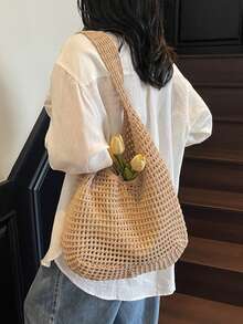 复古手工编织单肩包 时尚女士镂空编织手提包 大容量纯色钩针编织托特包 夏季网眼沙滩包 休闲大容量编织包 女士单肩包 休闲编织女士手工沙滩托特包 斜挎包 - 彩色 - 查看 8