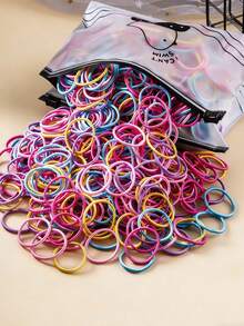 100 piezas/paquete Lazos de pelo coloridos para niñas, suaves con el cabello, alta elasticidad, tamaño pulgar - Multicolor - Ver 1