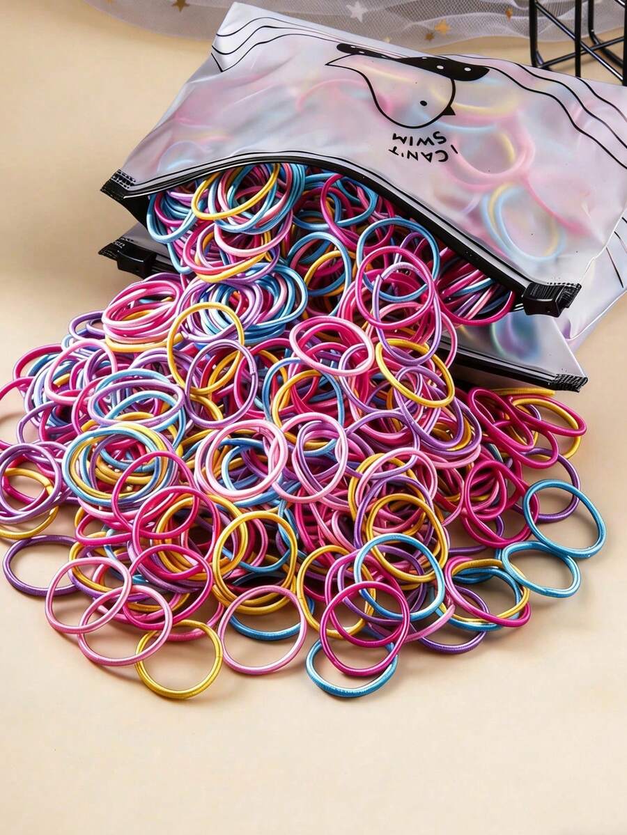 100 piezas/paquete Lazos de pelo coloridos para niñas, suaves con el cabello, alta elasticidad, tamaño pulgar - Multicolor - Ver 1