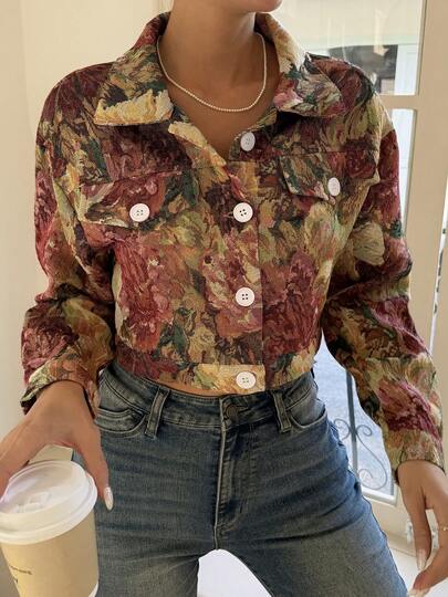 Women's Turndown Collar Long Sleeve Button Printed Short Woven Fabric Casual Jacket, Suitable For All Seasons