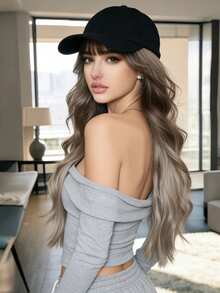 ( Velvet Cap + Long Curly Hair) Women's Baseball Cap Wig, Long Curly Hair, Body Wave Synthetic Wig, Adjustable Hat Wig, 24 Inches - Linen Brown - View 4