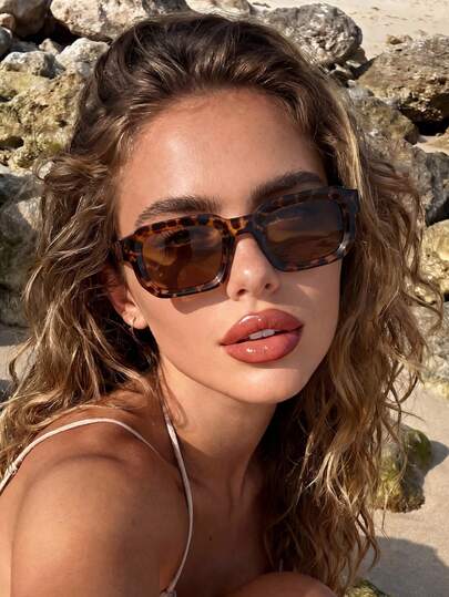 1 Pair Brown Leopard Print Square Narrow Sunglasses, Suitable For Outfits, Travel, Summer Accessories, Sports Style, Driving, Festivals, Beach, Electronic Music Festivals, Vacations, Family Outings, Elegant Attire, Street Style Accessories, Vacation Atmosphere, Sports, Parties, Outdoor Activities, Street Style, Fishing, Holidays, Vacations