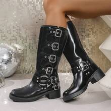 Women'S  Up Knee High Boots Motorcycle Riding Flat Low Heels Strappy Winter Boots - Black - View 2