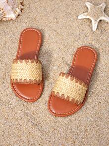 1 Pair Girls' Woven Straw Slide Sandals For Bohemian Casual Summer Wear - Burnt Orange - View 3
