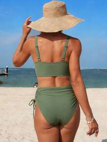 Women High Waisted Bikini Twist Ruched Bra And Drawstrings Tummy Control Bottoms Sets For Summer Beachwear - 軍綠色 - 查看 5