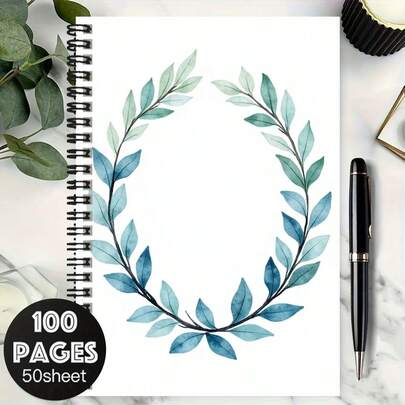دفتر ملاحظات حلزوني سميك 100 صفحة بنمط ورقة مائية أزرق-أخضر بتصميم إكليل الأوراق، مناسب لتسجيل العمل والملاحظات الدراسية والاستخدام اليومي المدرسي. مثالي لكتابة اليوميات والتخطيط اليومي والملاحظات، وكذلك كهدية تخرج أو عيد ميلاد.