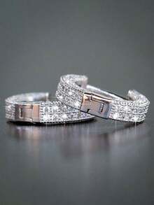 2件套极简几何水钻耳环，奢华复古设计，适合女性、婚礼、订婚等场合佩戴 - 銀色 - 查看 3