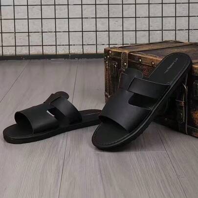 Sandalias de hombre ajustables, hechas de cuero sintético de calidad con doble correa y punta abierta, con suela de goma antideslizante y duradera, plantilla acolchada para comodidad todo el día, diseño minimalista clásico negro adecuado para interiores, playa, piscina y uso casual diario
