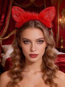 3pcs/Set Soft Lace Cat Ear Headband, 3 Colors Available, Suitable For Daily Wear And Festivals, Women's Lace Cat Ear Headband, Wedding Party & Cosplay Accessories, Elegant Fluffy Cat Ear Headpiece In Black, Red And White Lace, Photo Shoot Props, Lace Trim Cat Ear Headband With Feather Decor - View 3
