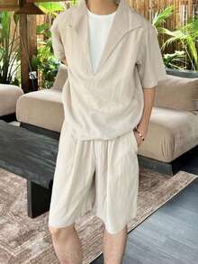 Handsome Men Must Buy! Summer, New Style, Design Sense, Casual, Party, Seaside, Daily, Loose, Versatile, Handsome, Shorts, Short Sleeved, Men's Short Sleeved Set, Men's Summer Set, Two-Piece Set. Wear It To The Party, And You Will Be The Most Handsome Man In The Room! - 杏色 - 查看 1