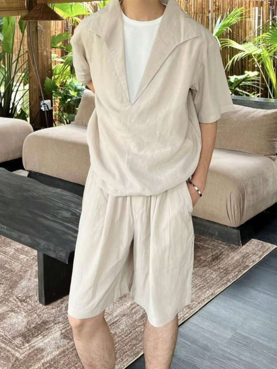 Handsome Men Must Buy! Summer, New Style, Design Sense, Casual, Party, Seaside, Daily, Loose, Versatile, Handsome, Shorts, Short Sleeved, Men's Short Sleeved Set, Men's Summer Set, Two-Piece Set. Wear It To The Party, And You Will Be The Most Handsome Man In The Room! - 杏色 - 查看 1
