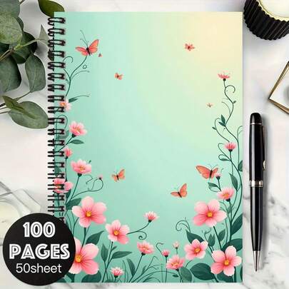 100 pages Cahier à spirale avec motifs floraux et papillons, grande capacité. Couverture rêveuse et élégante, convient pour les dossiers de travail, les notes d'étude, l'utilisation quotidienne à l'école. Cadeau idéal pour la remise des diplômes, l'anniversaire ou comme journal intime, agenda, bloc-notes.