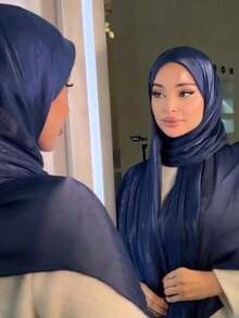 1pc Women Abaya Accessories Solid Color Soft Island Silk Hijab, Conservative Plain Scarf Arab Casual Wear, Daily Use Headband Women - Xanh hải quân - Xem 5