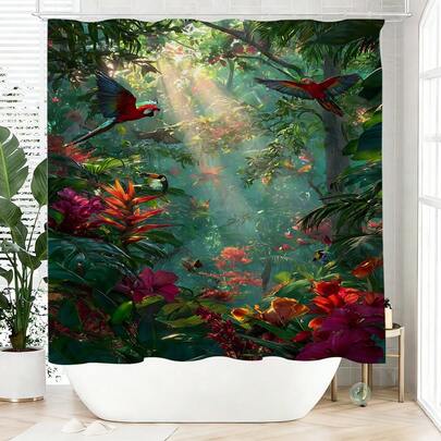 1pc Jungle Floral Printed Shower Curtain, Made Of Polyester, Waterproof, Non-Shading, Suitable For Home And Bathroom Decor, Comes With 12 Hooks