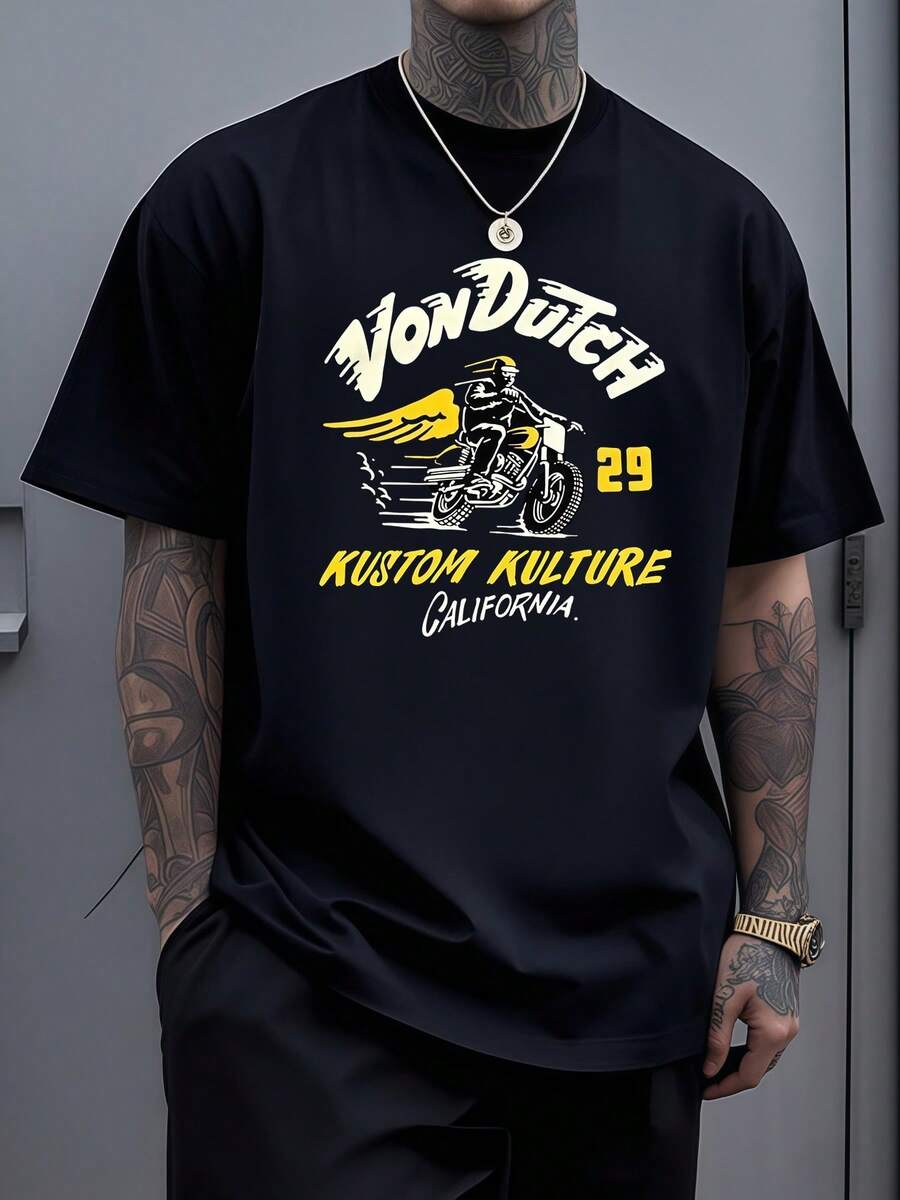 Motociclista con alas doradas que representa la libertad y la velocidad del espíritu aventurero sobre la carretera de California con energía vibrante camiseta de hombre moderna y cómoda para uso diario - Negro - Ver 1