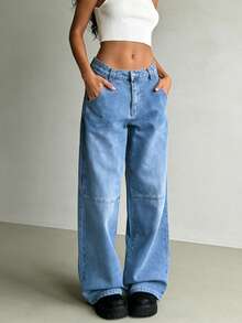 NVFelix Quần jeans nữ ống đứng thời trang, màu xanh denim bạc màu, có cúc và khóa kéo, dáng dài, không co giãn, kiểu dáng thường ngày. - Rửa trung bình - Xem 1
