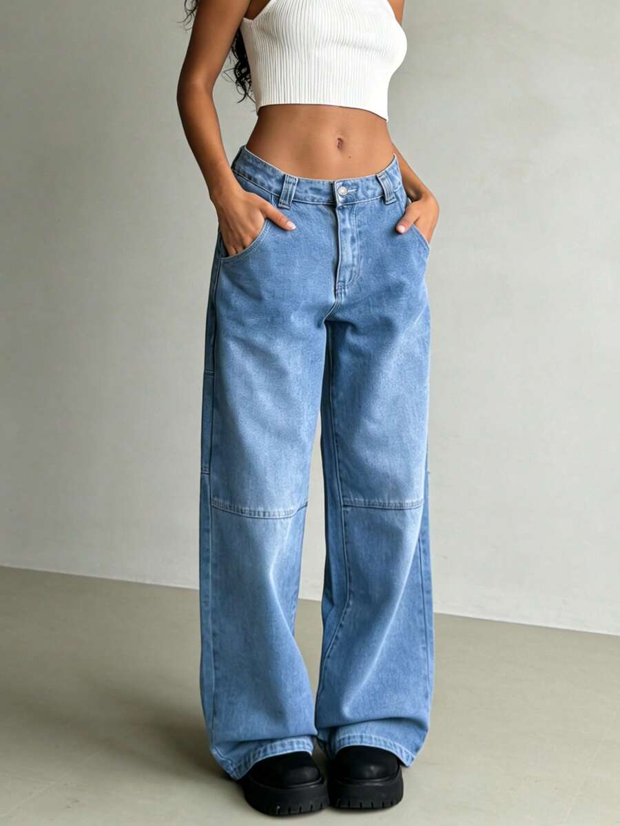 NVFelix Quần jeans nữ ống đứng thời trang, màu xanh denim bạc màu, có cúc và khóa kéo, dáng dài, không co giãn, kiểu dáng thường ngày. - Rửa trung bình - Xem 1