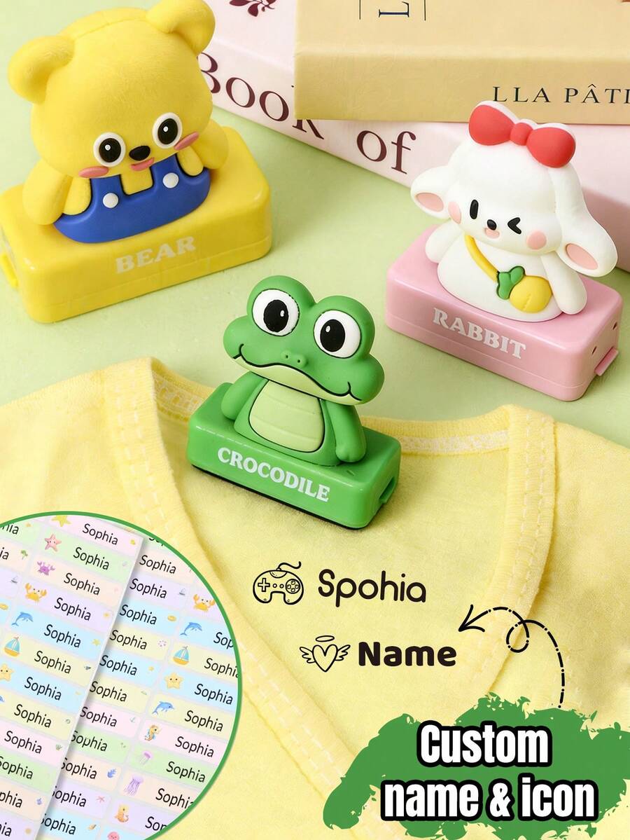 1pc Customizable Name Stamp + 100pcs Stickers, Personalized Name Stamp For Clothing, Signature Stamp, Cartoon Animal Stamp, Customizable, Birthday Gift, Crocodile/Rabbit/Bear, Cute, Reusable, Envelopes, Invitations, Teachers, Family Gifts - Style a - View 1