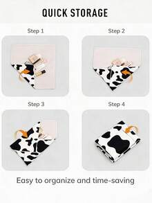 1个可爱奶牛纹毛毡软质可折叠自粘袋 - 多功能旅行化妆品收纳袋 - 可调节容量化妆包 - 彩色 - 查看 4