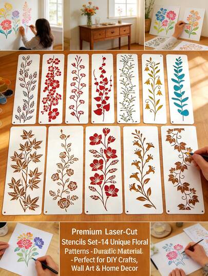 14pcs Flower & Bird Vine Plant Hollow Painting Template, Suitable For Wood Board, Canvas, Textile Art, Jewelry Box, Wall Decor, Stencil, Spray Painting, Masking Material