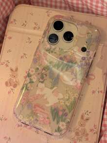 Ốp lưng điện thoại chống rơi họa tiết hoa mai, tương thích với iPhone 16, 15, 14 Plus, 13, 12, 11, 16, 15, 17 Pro Max, khung bảo vệ trong suốt thẩm mỹ. - Thỏ hoa - Xem 5