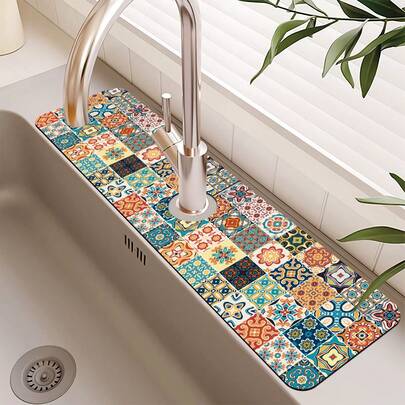 1PC Boho Diatomite Non-Slip Faucet Drain Pad, Vintage Pattern, Universal For Most Faucets, Suitable For Bathroom & Kitchen