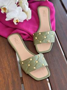 Renata Milli Milli Elegant Women's Flat Sandal, Stylish Beach Sandal, PU Leather, Appliques, Spikes, Studs, Summer Beach - 橄欖綠 - 查看 5