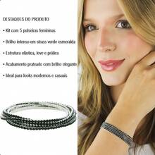 Conjunto Feminino Semijoia Folheada a Prata 925 Kit 5 Pulseiras Elásticas Strass Brilhante Prateada - Verde Esmeralda - Visão 4