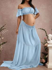 Đầm bầu không tay xếp ly, chất liệu chiffon co giãn vừa phải, chi tiết xếp ly nhún bèo, xẻ tà trước, gấu đầm xếp ly, thích hợp chụp ảnh bầu và dự tiệc mừng em bé. - Màu xanh nhạt - Xem 2