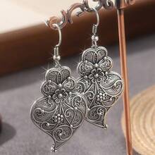 Vintage Silver-Tone Copper Earrings, Delicate Filigree Heart Shaped Earrings, Beautiful Drop Earrings, Jewelry Gift For Her - Silver - View 7