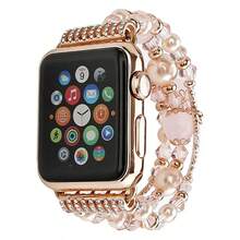 兼容苹果手表表带 38/40/41/42/44/45/46/49mm 女款 表带 Series 11/10/Ultra/9/8/7/6/5/4/SE/3/2/1，时尚手工弹力玛瑙珍珠手链替换表带，女士腕带 - 粉色 - 查看 2