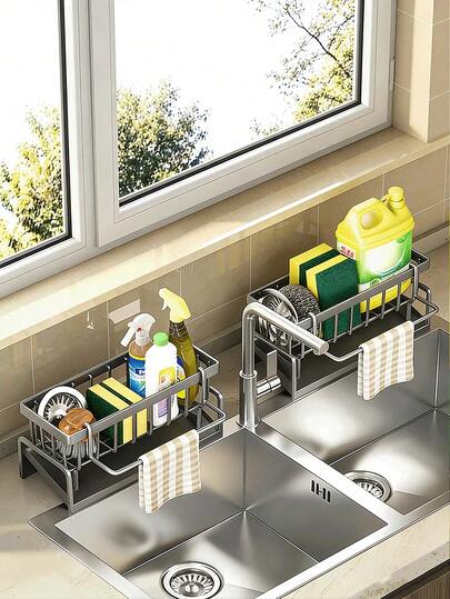 多功能塑料收纳架，适用于厨房和浴室水槽 - 水龙头安装式收纳架，可放置海绵、刷子、清洁剂、抹布等。经久耐用，易于清洁，非常适合家居收纳和节省空间，厨房配件，厨房收纳，情人节礼物，浴室配件，厨房，母亲节礼物