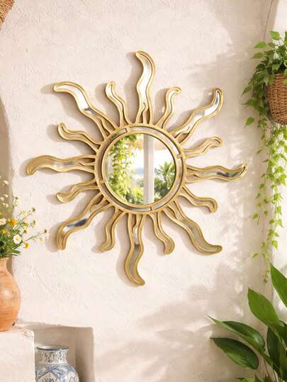 1pc Bohemian Style Sun Shaped Decorative Wall Mirror, Vintage Inlaid Mirror Art Home Wall Decor, Modern Boho Style Indoor Decoration, Suitable For Living Room, Bedroom, Hallway, Entryway, Farmhouse Style Home Decor, Housewarming Gift