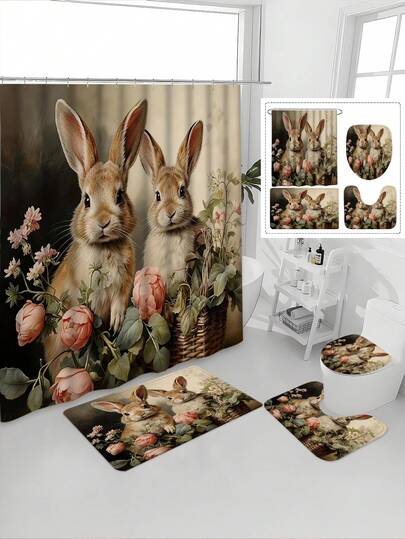 1/4件套花篮兔子图案浴室帘套装，宁静舒缓，防水防霉，加厚涤纶材质，免打孔安装，防滑垫，吸水马桶垫，数码印花，不易褪色，可机洗，四季皆宜，复活节限量版礼品