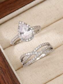 2件套立方氧化锆水滴形多层戒指套装，个性化戒指，适合女性日常佩戴 - 銀色 - 查看 5