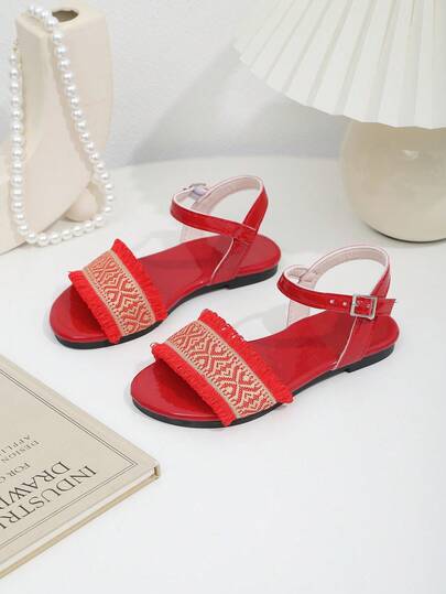 1 Pair Girls' Woven Strap Sandals, Red Color, Buckle Closure, Open Toe, Tassel Trim Design, Children's Flat Sandals, Bohemian Style, Contrast Color, Fresh For Summer, Suitable For Daily Wear, Vacation, And School