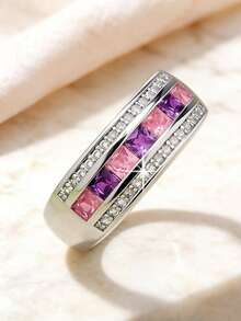 1pc Women's Fashion Simple Classic Square Cubic Zirconia Wide Band Ring, Suitable For Valentine's Day, Anniversary, Christmas, Wedding, Party, Vacation, Business And Other Occasions - Pink - View 2