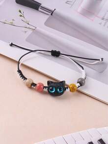 1pc INS Style Woven Bracelet With Small Black Cat Pendant, Suitable For Couples And Girlfriends - Multicolor - View 5