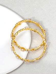 1 Pair Women's Rhinestone Inlaid Square Bangle Bracelet Set, Suitable For Daily Wear - Gold - View 2
