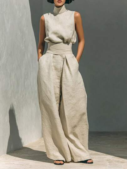 Two Piece Sleeveless High Neck Waist Cinched Wide Leg Pants Set For Women | Relaxing High-End Commuting Style Suitable For Workplace Leisure&Light Social Gatherings&Daily Street Style