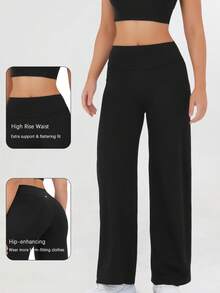 Women High Waist Loose Wide Leg Sports Pants Tights High Waist Flare Yoga Pants, Butt Lifting, Stretchy, Loose Flare Leg Sports Pants, - 黑色 - 查看 5