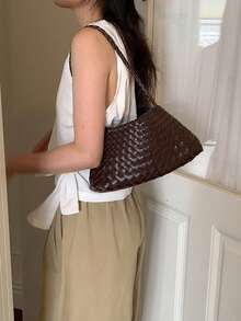 Handmade Woven Bag, Niche High-End French Vacation Style Handbag, Casual Versatile Shoulder/Underarm Bag - Brown - View 2