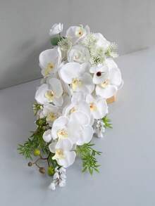 Boho Wedding Waterfall Bouquet Artificial Silk Flowers, Handmade Faux Rose & Butterfly Orchid Bridal Cascade Bouquet For Wedding Photoshoot Party Decor,Festival,Elegant - Multicolor - View 8