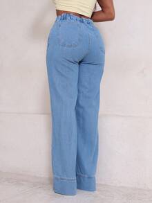 Calça Jeans Wide Leg Feminina Cintura Alta com Elástico na Cintura - Lavagem Média - Visão 3