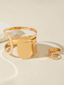 1 Set Minimalist Geometric Hollow Double-Layer Bracelet, Bracelet And Ring Jewelry Set, Gift For Women - Bracelet + Ring - View 3