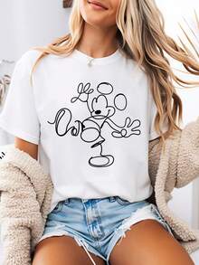 Disney-Style Women's Graphic Tee Featuring A Playful Mickey Mouse Outline In Simple Graffiti-Inspired Cartoon Print. This Women's Summer Round-Neck Tee Is Crafted From Soft, Comfortable 100% Cotton Fabric, Perfect For Everyday Wear, Outdoor Activities, Or Casual Outings. It Also Makes An Ideal Women's Vacation Wardrobe Piece. - 白色 - 查看 1