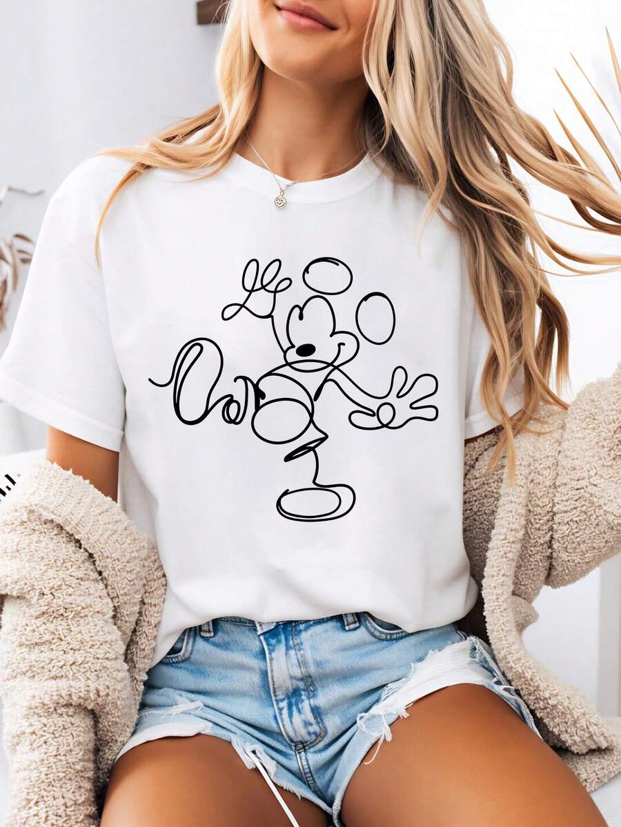 Disney-Style Women's Graphic Tee Featuring A Playful Mickey Mouse Outline In Simple Graffiti-Inspired Cartoon Print. This Women's Summer Round-Neck Tee Is Crafted From Soft, Comfortable 100% Cotton Fabric, Perfect For Everyday Wear, Outdoor Activities, Or Casual Outings. It Also Makes An Ideal Women's Vacation Wardrobe Piece. - 白色 - 查看 1