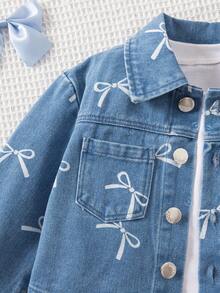 4-7岁女童春夏蝴蝶印花牛仔外套，翻领单排扣休闲百搭外套 - 藍色 - 查看 12