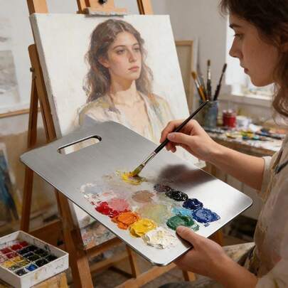 An Extra-Large Stainless Steel Oil Painting Palette, Suitable For Mixing Watercolor, Acrylic, And Phenolic Oil Paints. The Stainless Steel Material Is Easy To Clean, Durable, And Portable, Providing Ample Space For Your Work